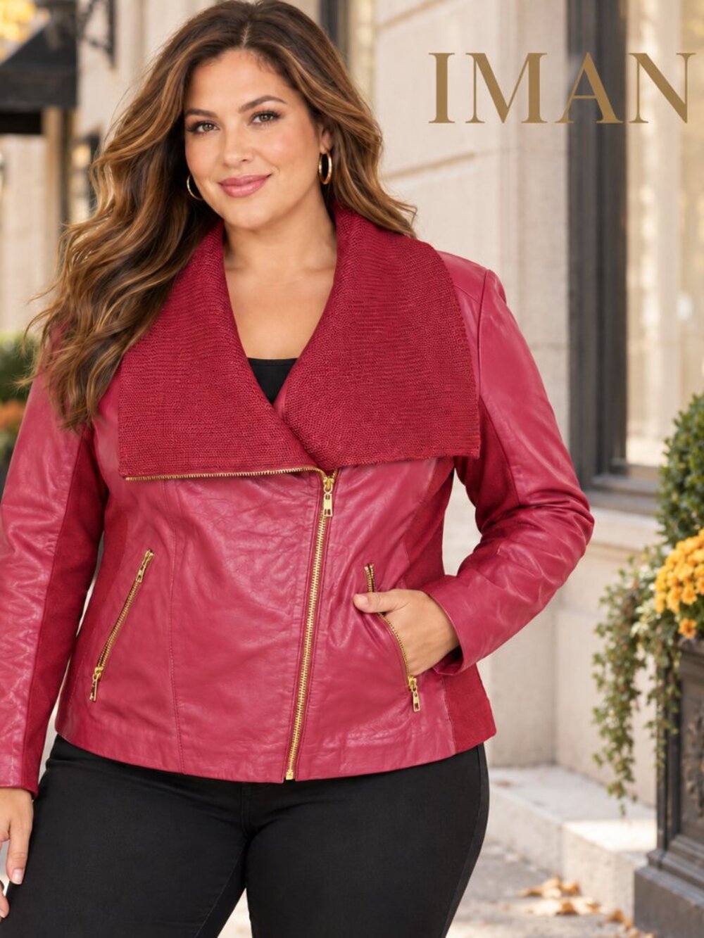 IMAN Genuine Leather Cranberry Moto Jacket Gold Zip XL